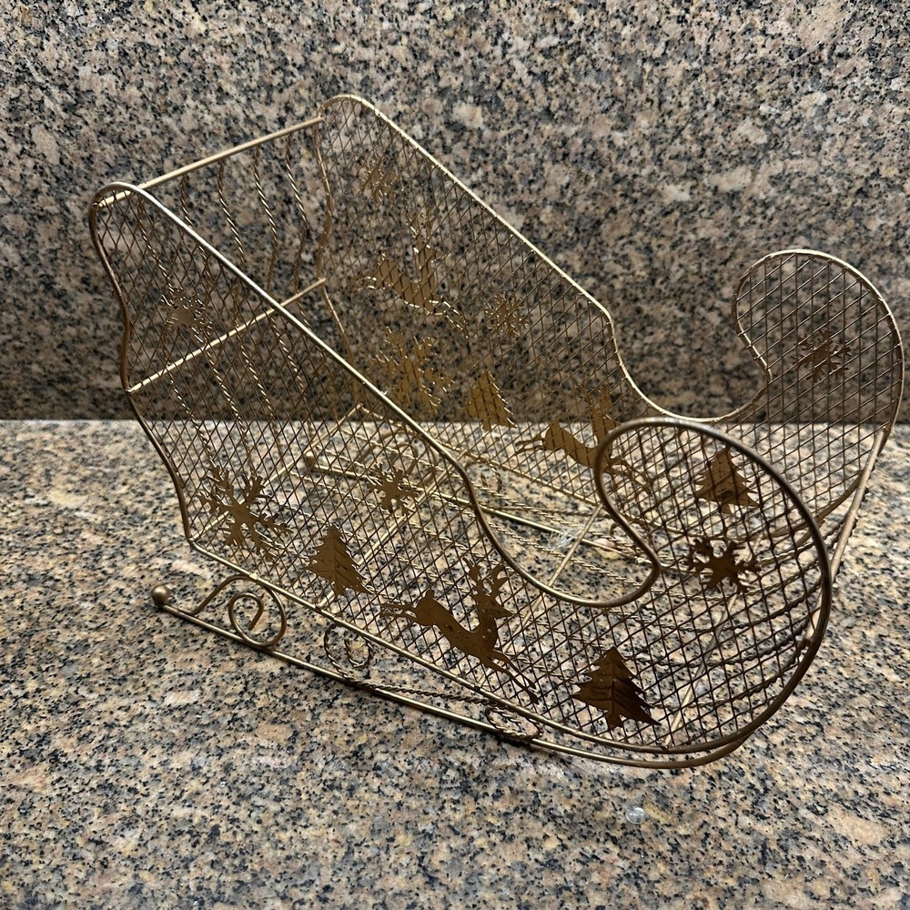 VTG Gold Metal Wire Sleigh Centerpiece Reindeer Trees Snowflakes Christmas Decor